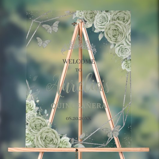 Sage Green Floral Papillon Quinceañera XV Bienvenu (Neutre)