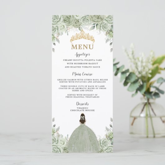 Sage Green Floral Princess Gold Quinceañera Menu (Debout devant)