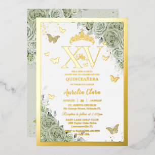 Sage Green Floral Quinceañera Butterflies XV Gold Folie Uitnodiging