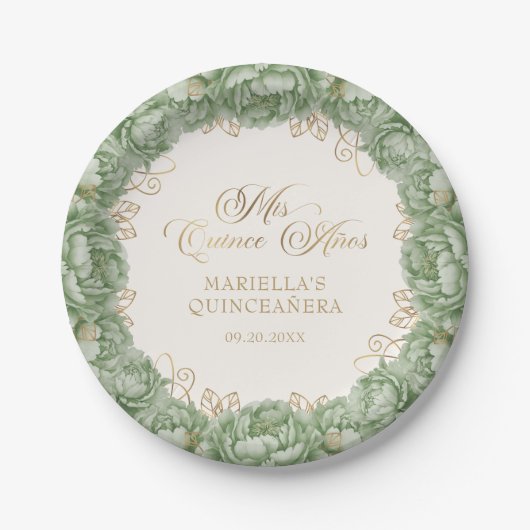 Sage Green Floral Quinceanera Papieren Bordje (Voorkant)