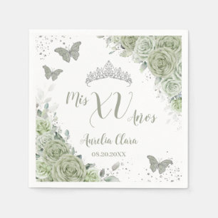 Sage Green Floral Quinceanera Verjaardag Vlinders Servet