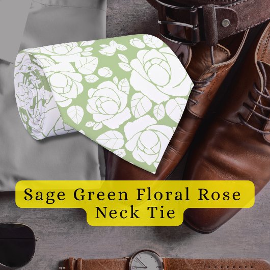 Sage Green Floral Roos Witte Stropdas