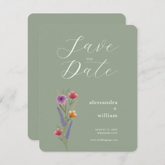 Sage Green Floral Save the Date Kaart (Voorkant / Achterkant)