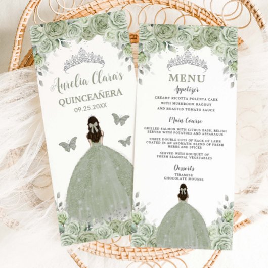 Sage Green Floral Silver Quinceañera 16 Menu Slim