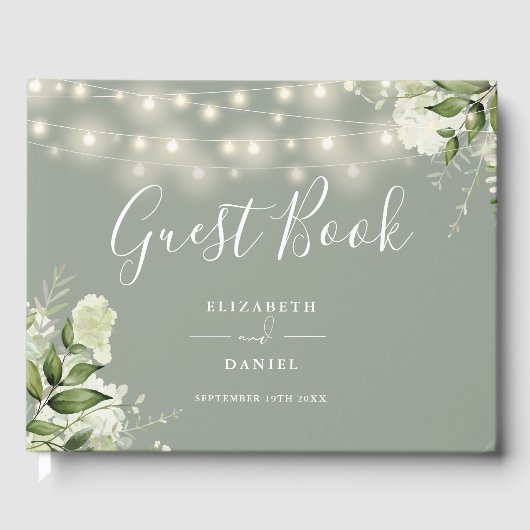 Sage Green Floral String Lights Photo Wedding Gastenboek (Voorkant)