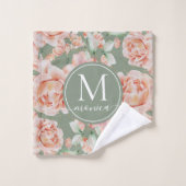 Sage Green Floral Waterverf Roos Pattern Monogram Bad Handdoek (Wasdoekje)
