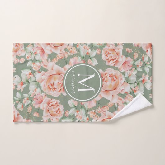 Sage Green Floral Waterverf Roos Pattern Monogram Bad Handdoek (Handdoek)