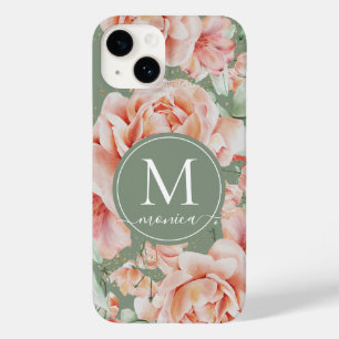 Sage Green Floral Waterverf Roos Pattern Monogram Case-Mate iPhone 14 Hoesje