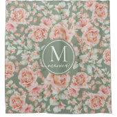 Sage Green Floral Waterverf Roos Pattern Monogram Douchegordijn (Voorkant)