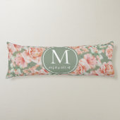 Sage Green Floral Waterverf Roos Pattern Monogram Lichaamskussen (Voorkant)