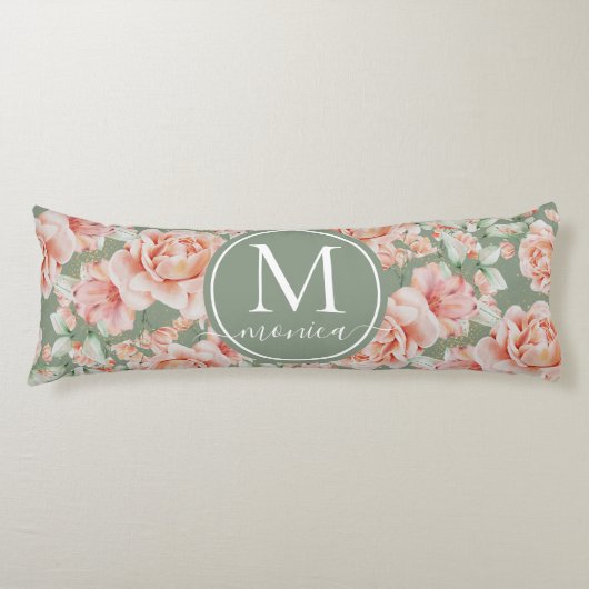 Sage Green Floral Waterverf Roos Pattern Monogram Lichaamskussen (Voorkant)