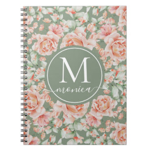 Sage Green Floral Waterverf Roos Pattern Monogram Notitieboek