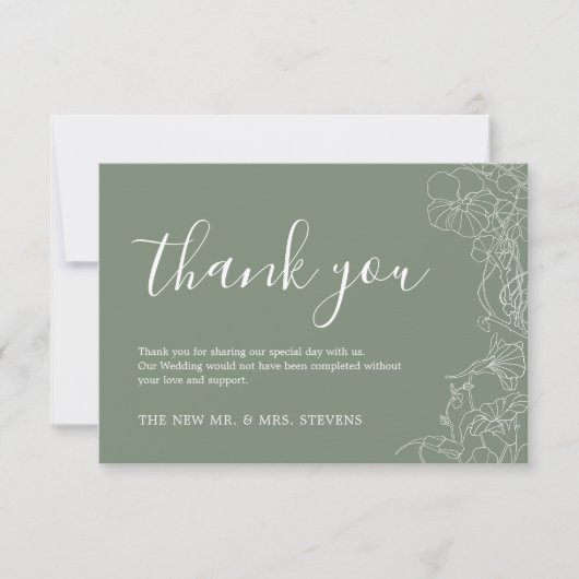 Sage Green Floral Wedding Bedankkaart (Voorkant)