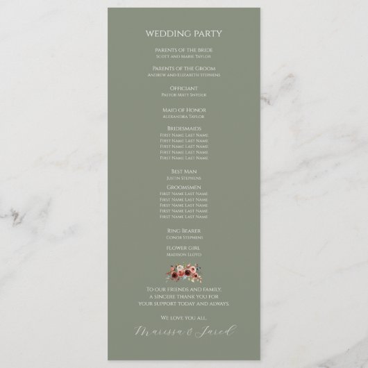 Sage Green Floral Wedding Ceremony Programma (Achterkant)