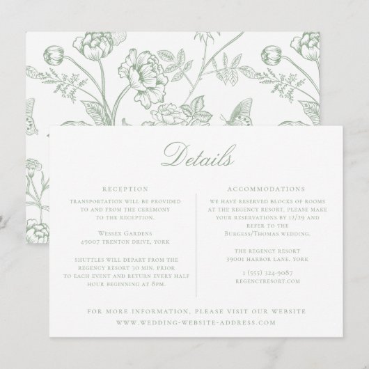 Sage Green Floral Wedding Details Kaart (Voorkant / Achterkant)