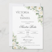 Sage Green Floral wedding invitation in Spanish (Devant)