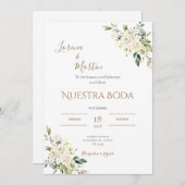 Sage Green Floral wedding invitation in Spanish (Devant / Derrière)