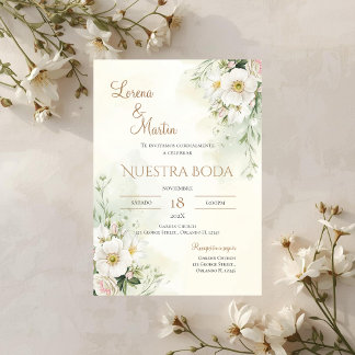 Sage Green Floral wedding invitation in Spanish Kaart