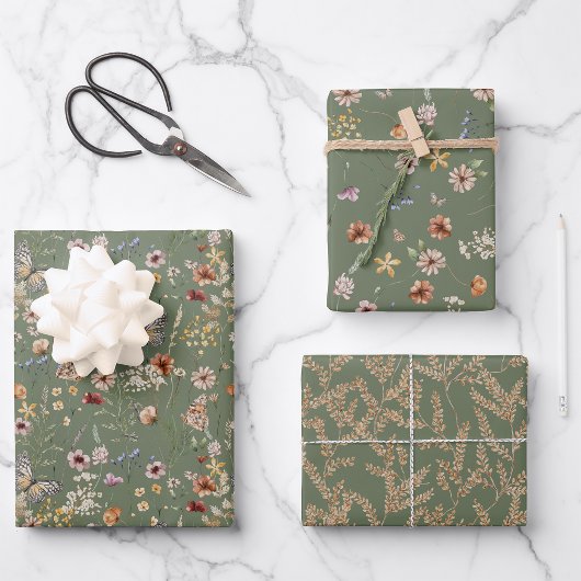 Sage Green Floral wrapping Paper