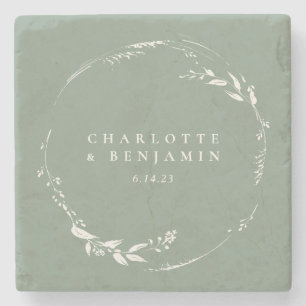 Sage Green Floral Wreath Monogram op persoonlijke  Stenen Onderzetter