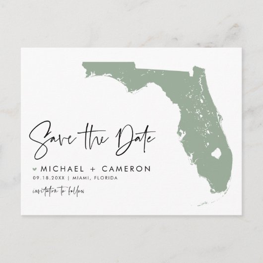 Sage Green Florida Map Modern Script Save the Date Aankondigingskaart (Voorkant)
