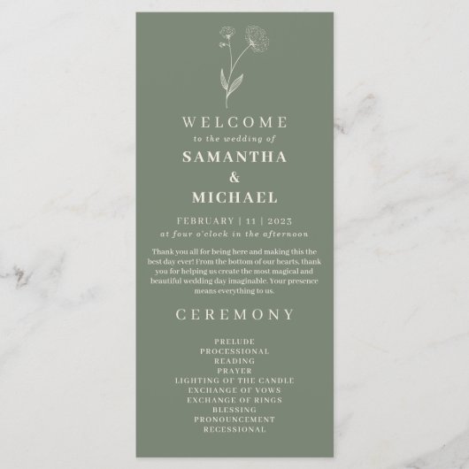 Sage Green Flower Cotton Floral Wedding Programme (Devant)