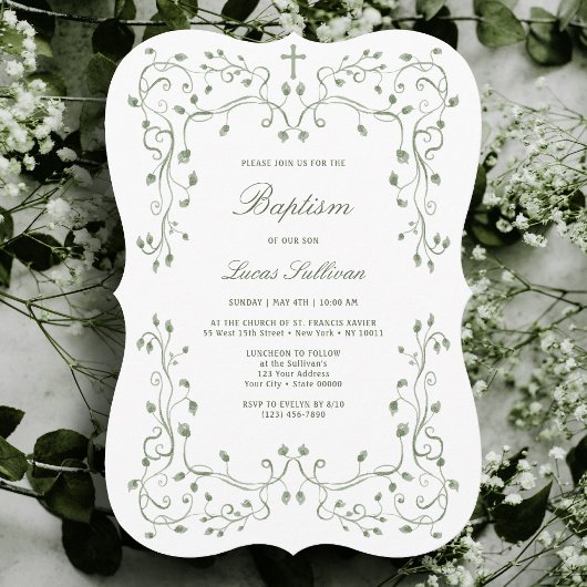 Sage Green Foliage Frame Baptism Invitation
