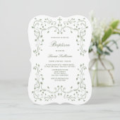 Sage Green Foliage Frame Baptism Invitation Kaart (Staand voorkant)