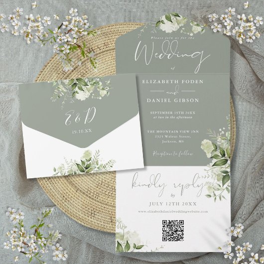 Sage Green Foliage QR Code Monogram Weddenschap All In One Uitnodiging