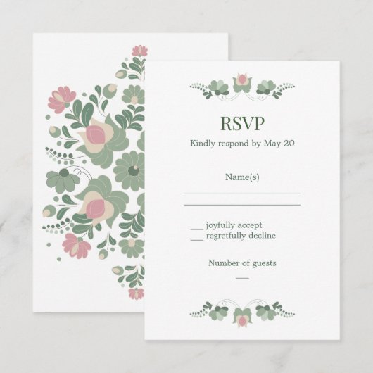 Sage Green Folk Floral Wedding RSVP (Devant / Derrière)