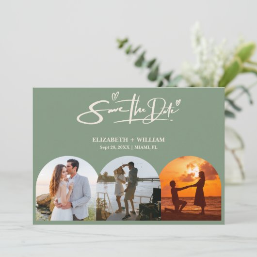 Sage Green Foto QR Code Elegant Huwelijk Save The Date (Staand voorkant)