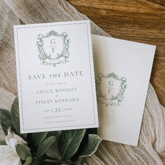 Sage Green Franse Rozen Monogram Crest Wedding Save The Date
