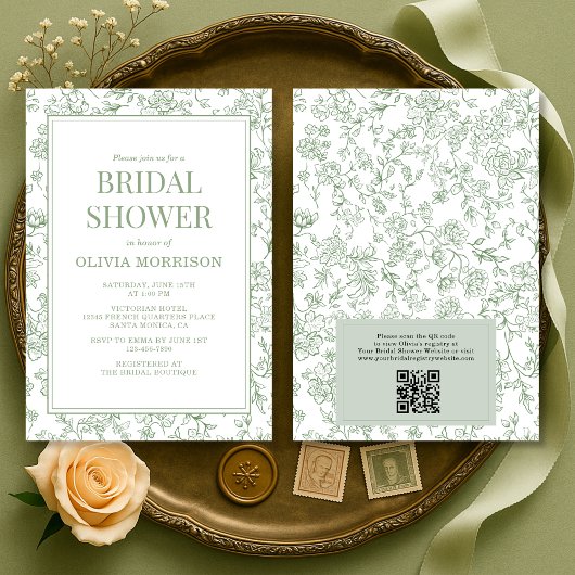 Sage Green French Toile QR Code Bridal Shower Kaart