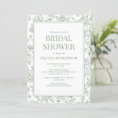 Sage Green French Toile QR Code Bridal Shower Kaart (Staand voorkant)