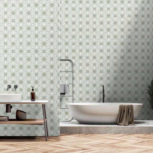 Sage Green Geometrisch Herhalend Patroon Behang (Badkamer)