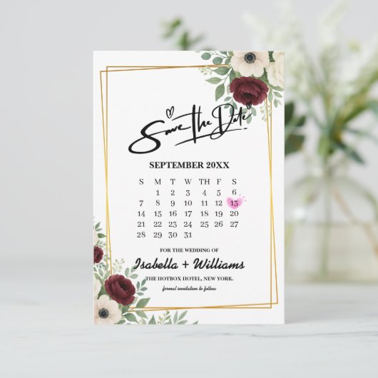 Sage Green Geometry Calendar Wedding Sla de datum Informatiekaartje (Staand voorkant)