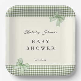 Sage Green Gingham Baby shower Uitnodiging & Bogen Papieren Bordje