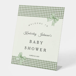 Sage Green Gingham Baby shower Uitnodiging & Bogen Reclamebord Met Voetstuk