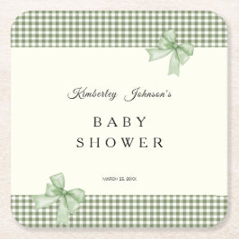 Sage Green Gingham Baby shower Uitnodiging & Bogen Vierkante Kartonnen Onderzetter