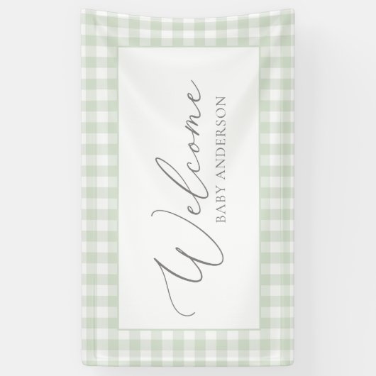 Sage Green Gingham Baby shower Welkom Spandoek (Verticaal)
