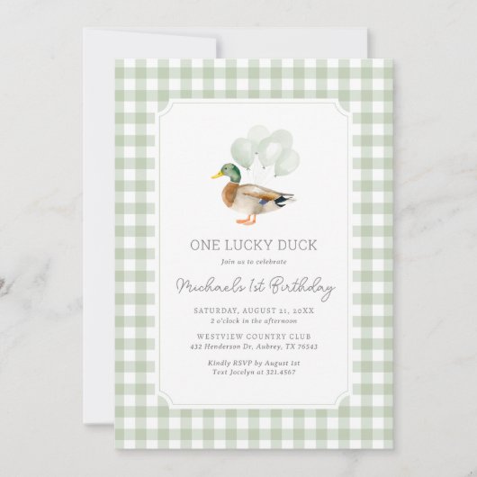 Sage Green Gingham Duck 1e verjaardag Kaart (Voorkant)