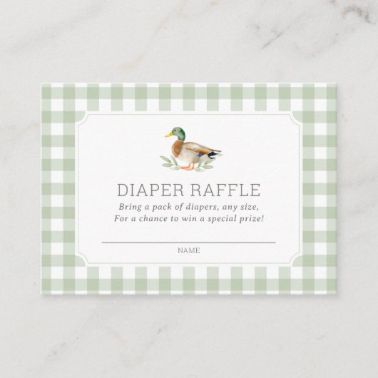 Sage Green Gingham Duck Luier Raffle Ticket Informatiekaartje (Voorkant)