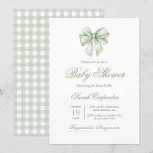 Sage Green Gingham en Bow Baby shower Kaart