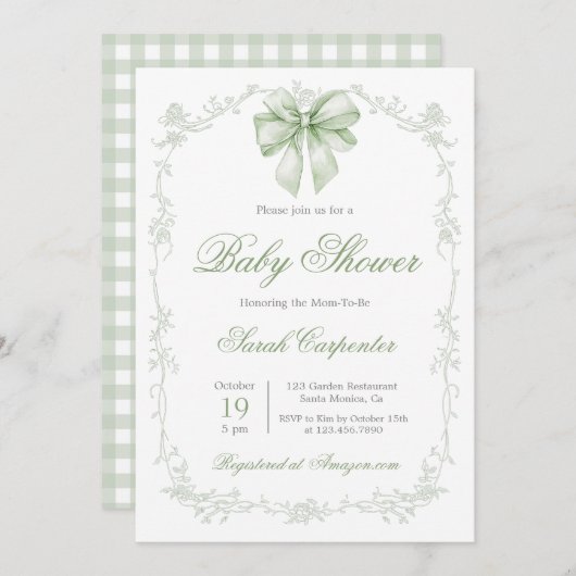 Sage Green Gingham en Bow Baby shower Kaart (Voorkant / Achterkant)