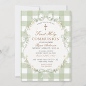 Sage Green Gingham First Holy Communion Invitation (Devant)