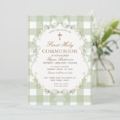 Sage Green Gingham First Holy Communion Invitation (Debout devant)