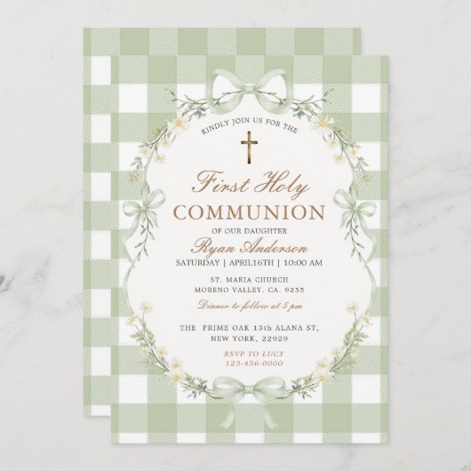 Sage Green Gingham First Holy Communion Invitation (Devant / Derrière)