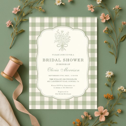 Sage Green Gingham Floral Bow Bridal Shower Kaart