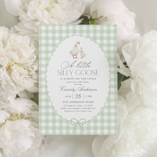 Sage Green Gingham Gekke Goose Baby shower Kaart