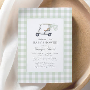 Sage Green Gingham Genderneutraal Golf Baby shower Kaart